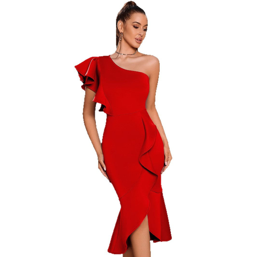 Damen Midi-Kleid mit Volants Asymmetrisch