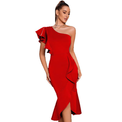 Damen Midi-Kleid mit Volants Asymmetrisch