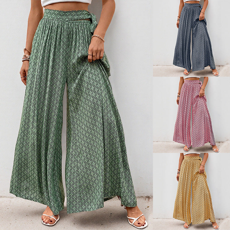 Damen Palazzo-Hose mit Bindegürtel und Print - Norvielle