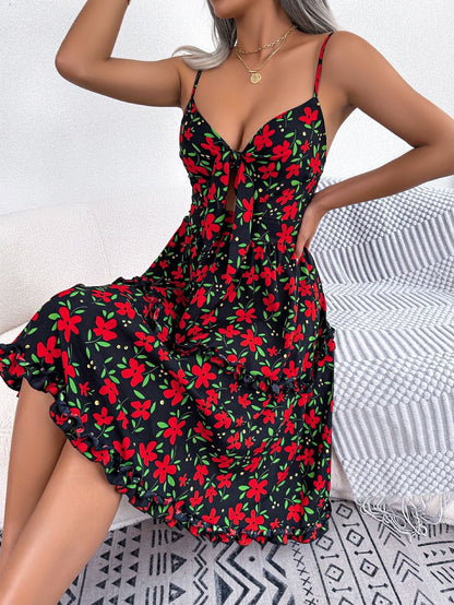 Damen Retro-Kleid Sommer florales Print Cut-Out-Detail Norvielle