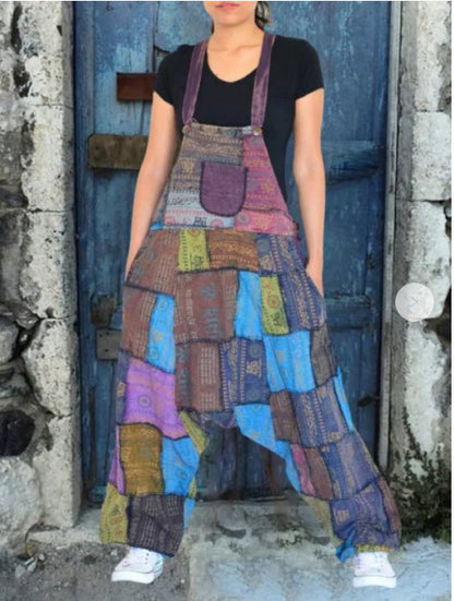 Damen Latzhose Patchwork-Stil Weite Beine Praktische Taschen Norvielle