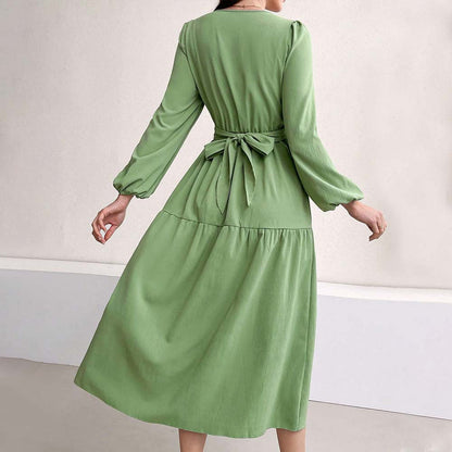 Damen Midikleid Wickeldetail Voluminöse Ärmel