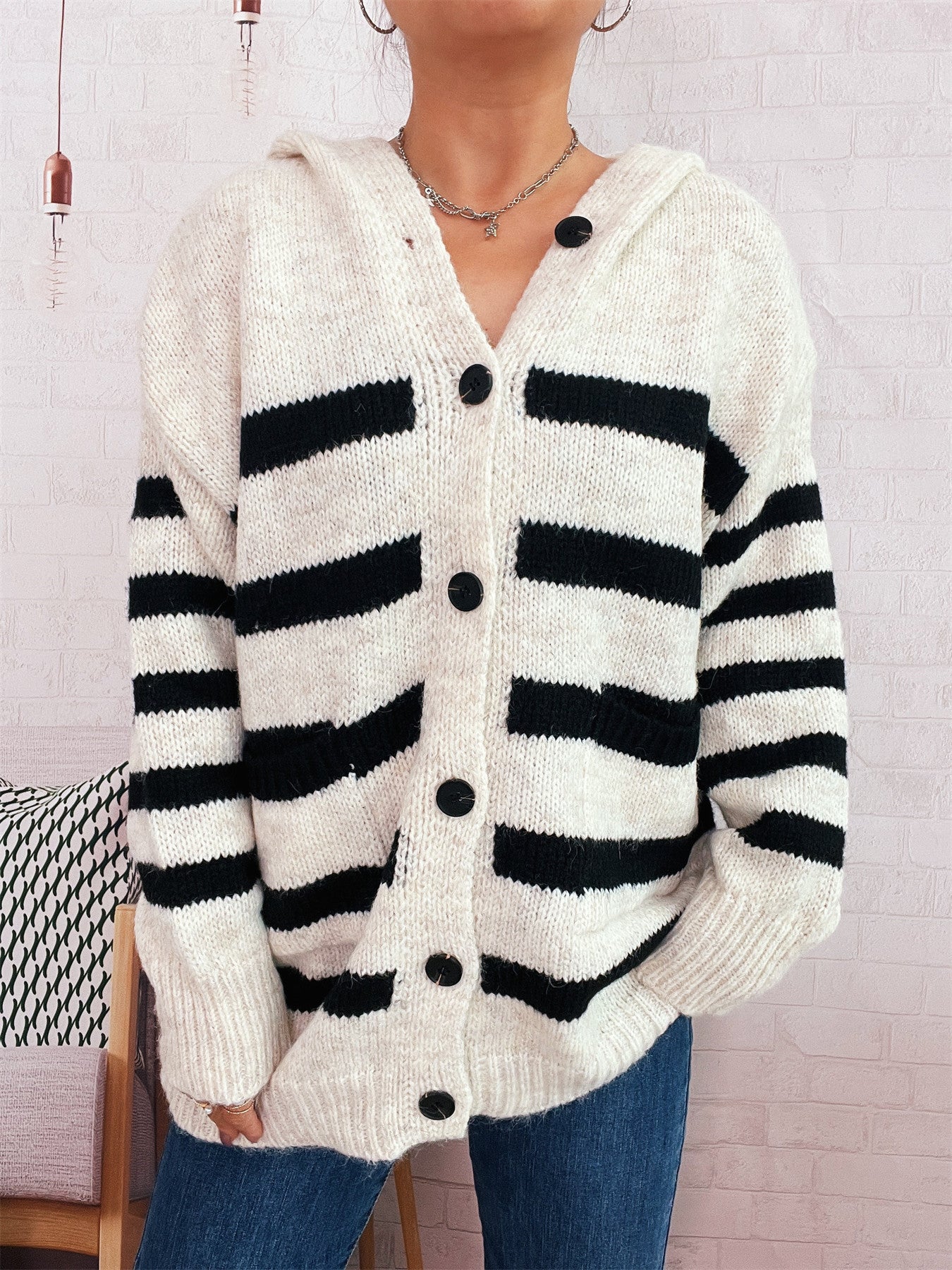 Damen Strickcardigan mit Kapuze und Streifen