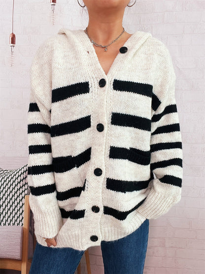 Damen Strickcardigan mit Kapuze und Streifen