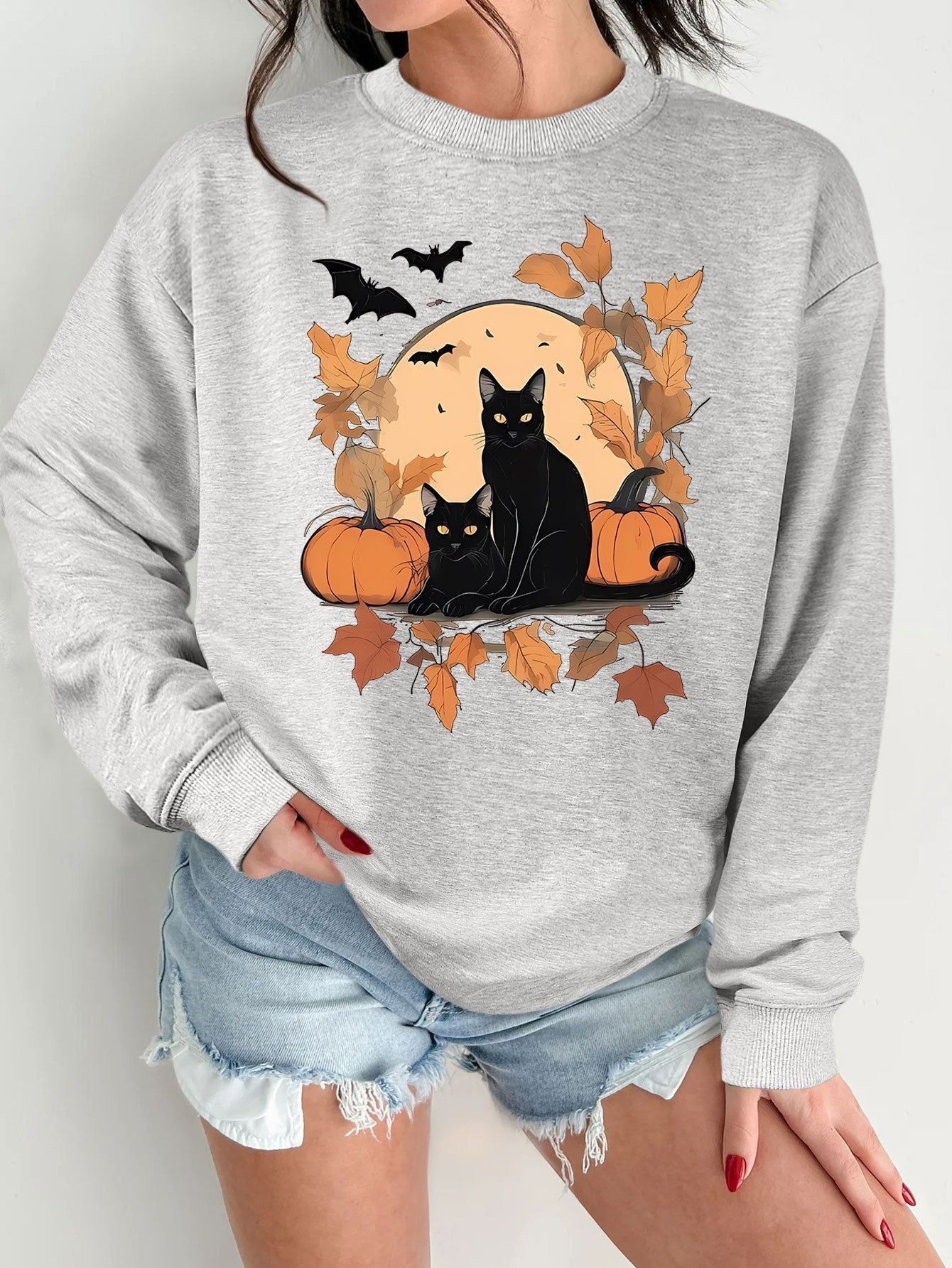 Damen Sweatshirt Herbstlich Katzen Kürbis Design Norvielle