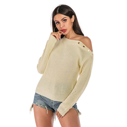 Damen Off-Shoulder Strickpullover Lässig Mit Knöpfen Beige