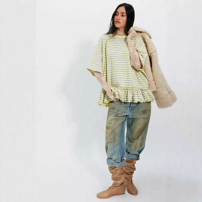 Damen Oversized Streifen T-Shirt mit Rüschen Weiß-