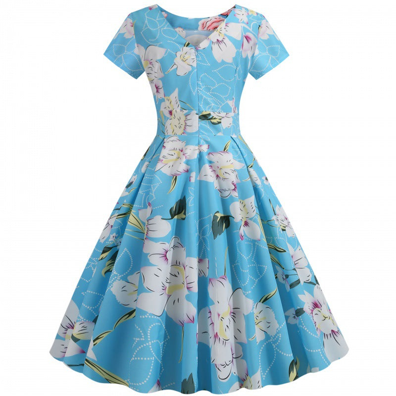 Damen Midikleid Rundhalsausschnitt Kurzärmel Blumenmuster