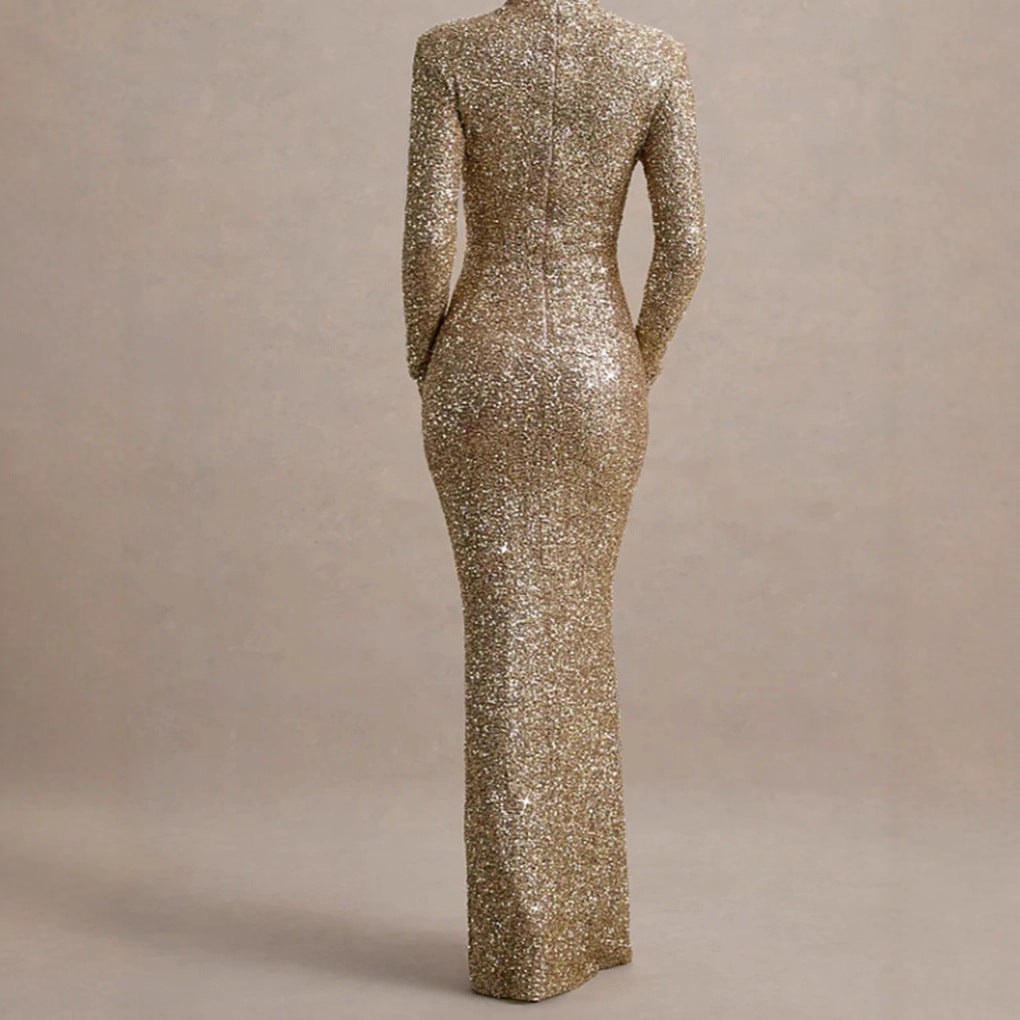 Damen Abendkleid Glitzernd Hochkragen Figurbetont Norvielle