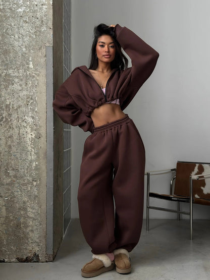 Damen Cropped Hoodie Jogginghose Set Weiches Fleece Norvielle