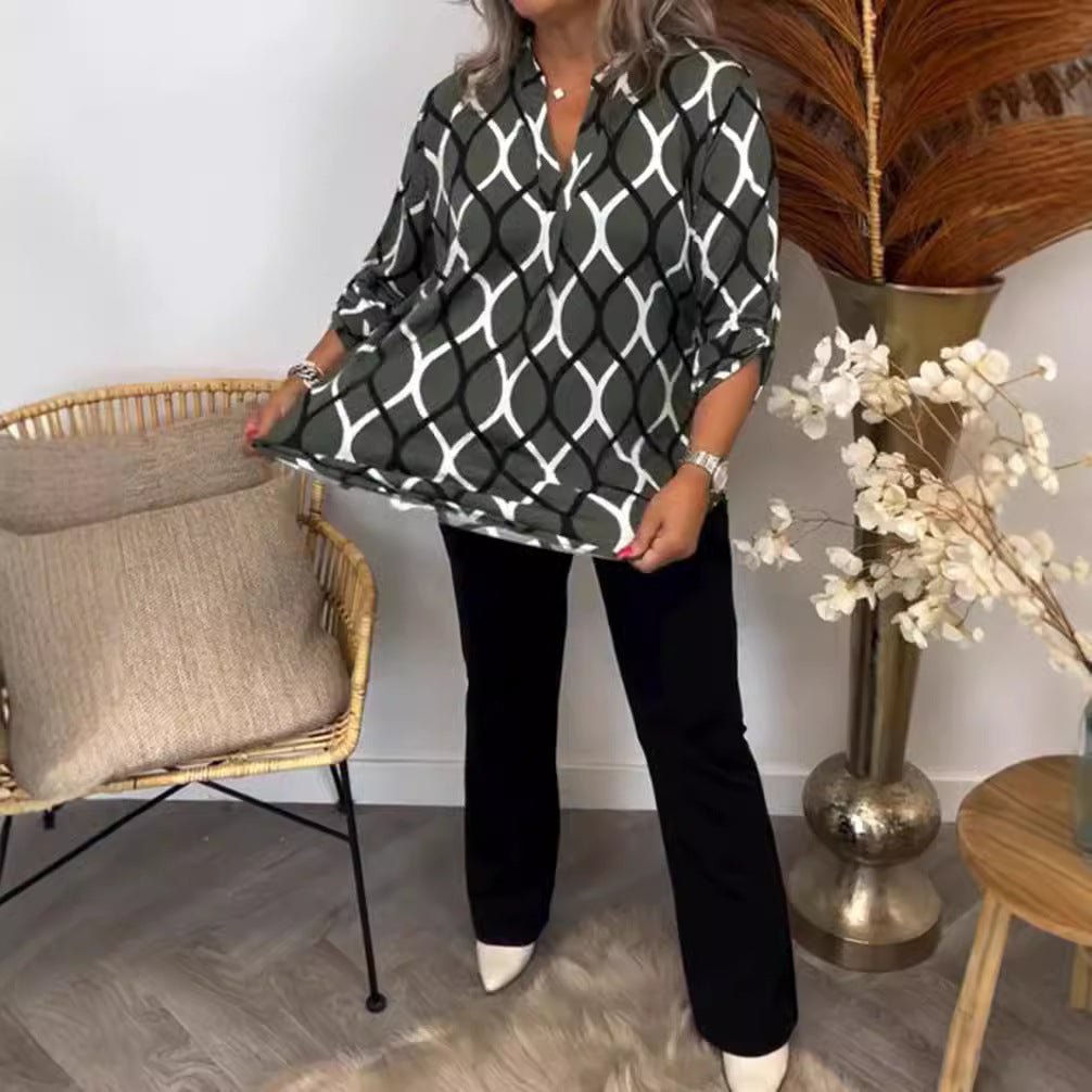 Damen Bluse Graphisches Muster Seitentaschen Norvielle