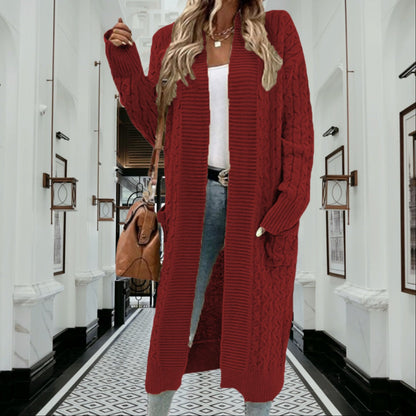 Damen Grobstrick Cardigan Offenes Design Mit Taschen Beige