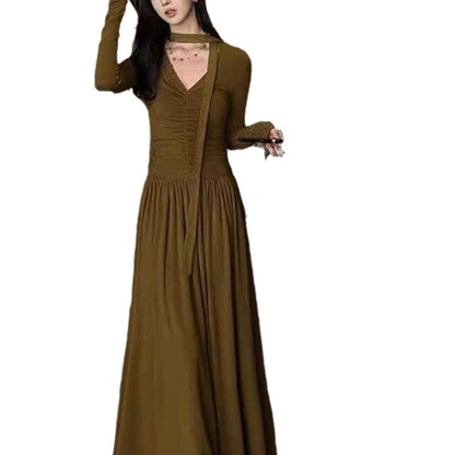 Damen Maxi-Kleid V-Ausschnitt Längsärmel Norvielle