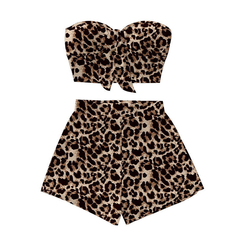 Damen Leopardenmuster Bikini-Set mit Bandeau-Oberteil und