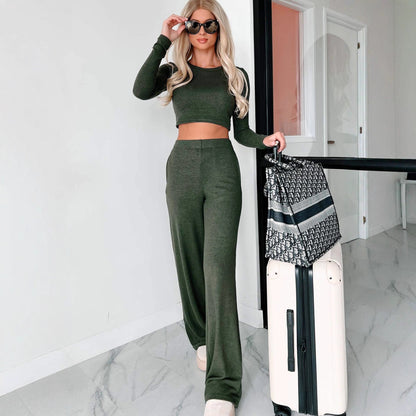 Damen Sweat Suit Set Cropped Oberteil Weite Hose Norvielle