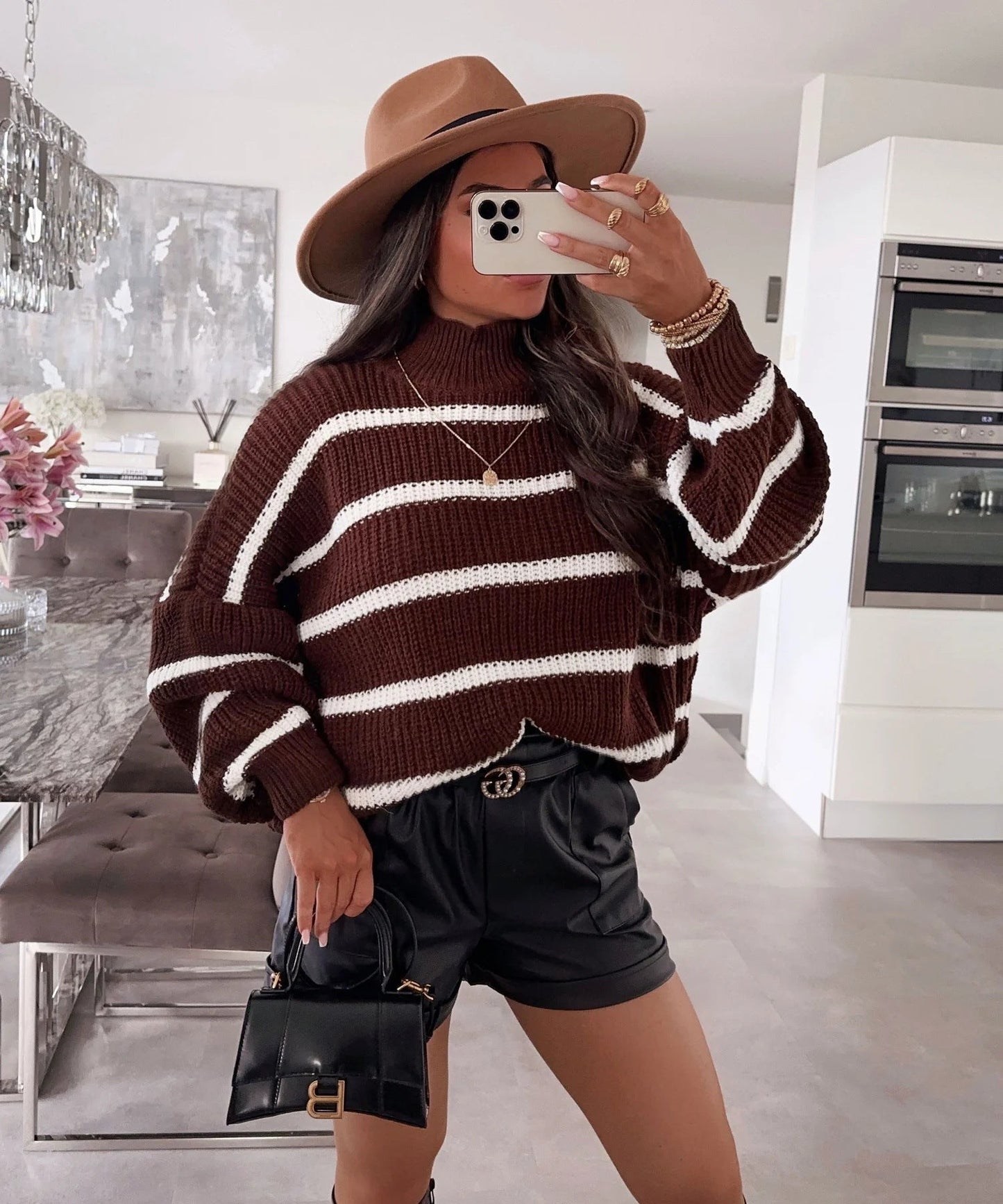 Damen Strickpullover mit Streifenmuster und hohem Kragen Norvielle