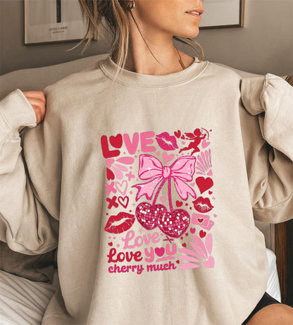 Damen Sweatshirt Voluminöse Ärmel Kirschmotiv Grün