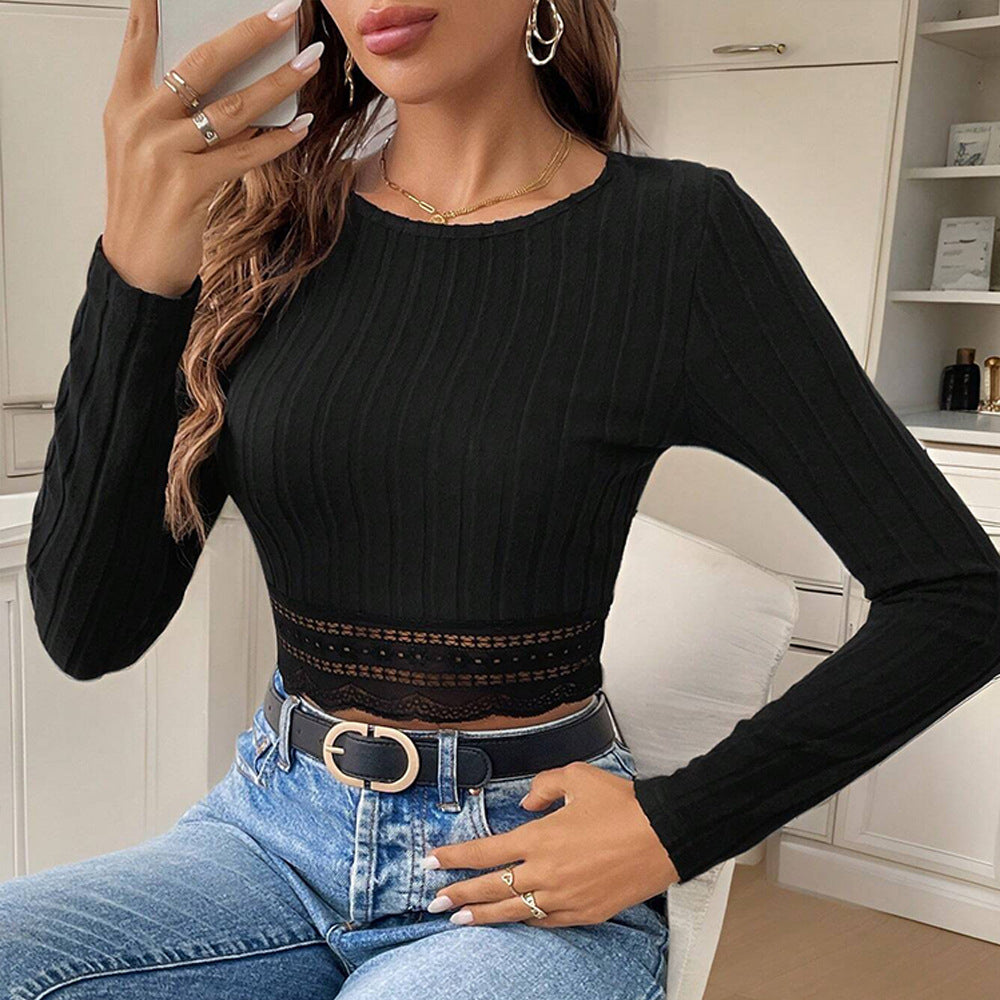 Damen Cropped Longsleeve Spitzenakzente Weiß