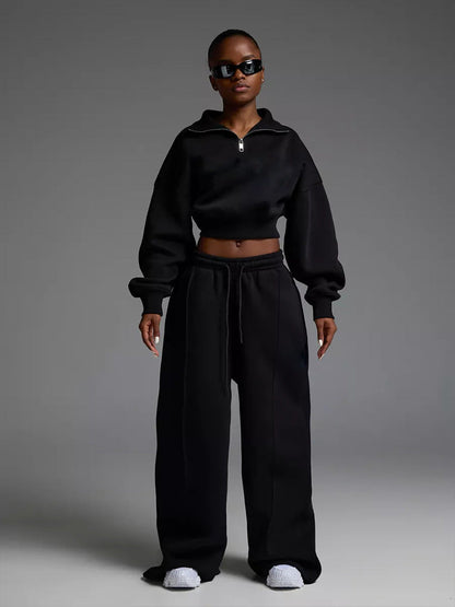 Damen Oversized Freizeit-Set mit Cropped Pullover und weiten Hosen
