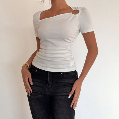 Damen Kurzarmshirt Asymmetrischer Ausschnitt Raffung Norvielle