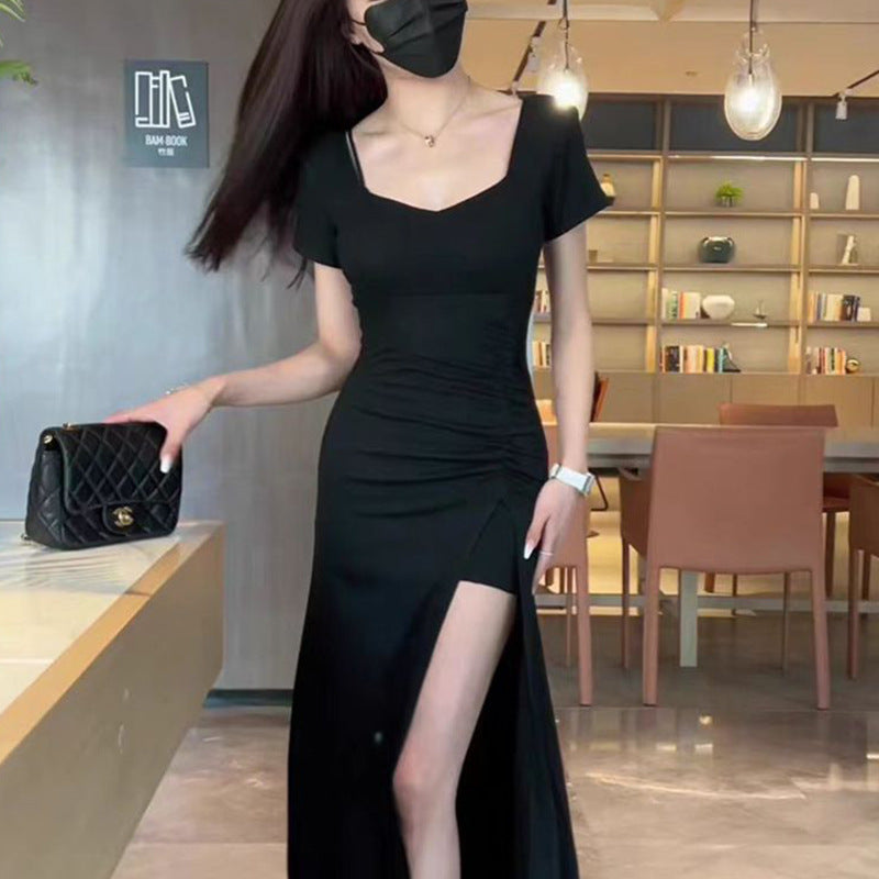 Damen Langkleid Figurbetont Raffungseffekt Hochschlitz