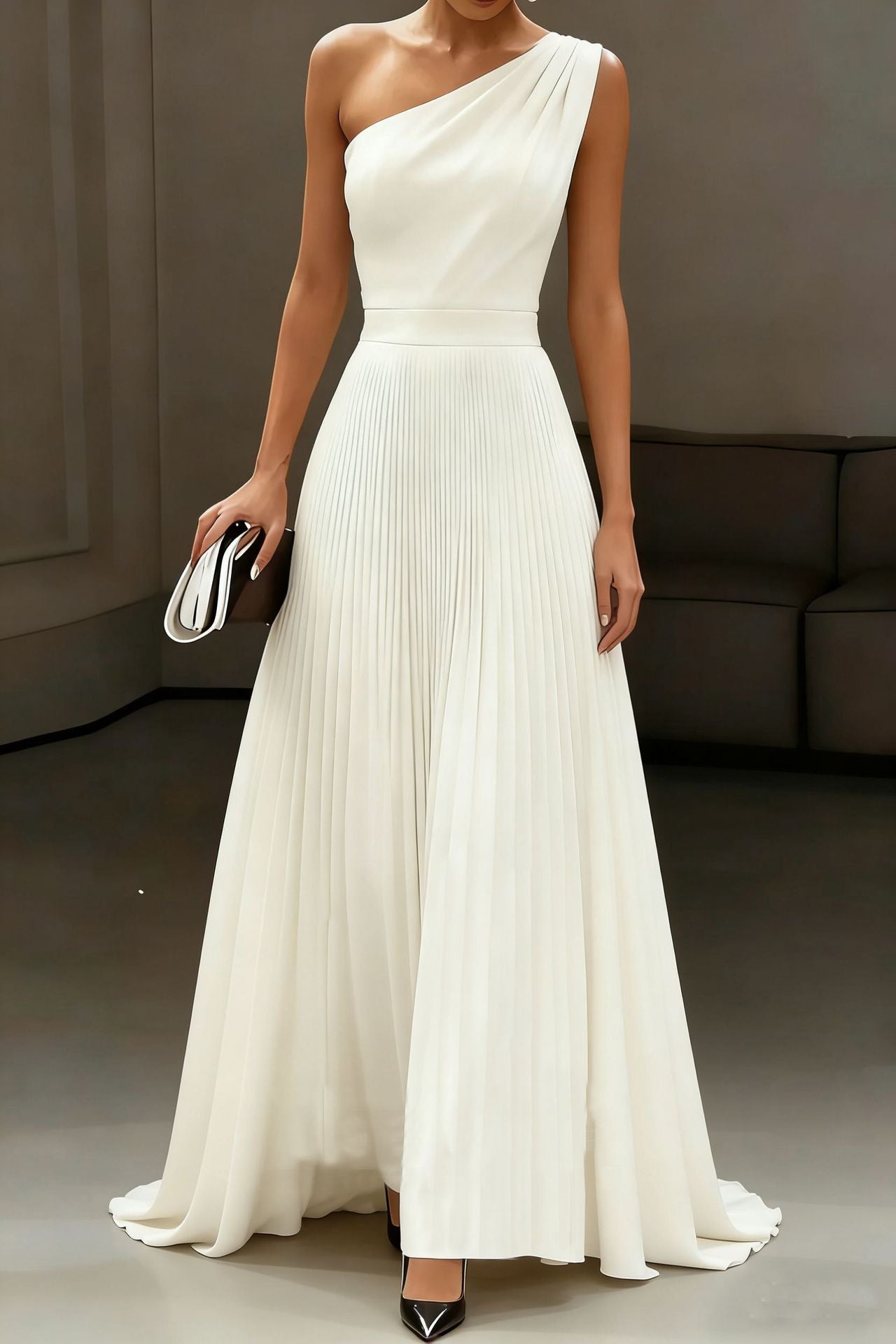 Damen Elegantes Schulterkleid mit Plissee und fließendem Saum