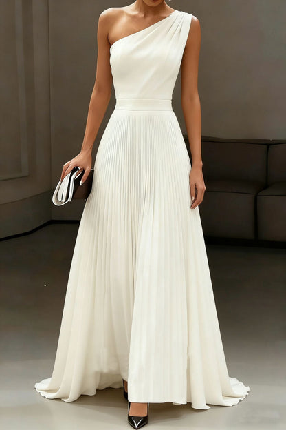 Damen Elegantes Schulterkleid mit Plissee und fließendem Saum