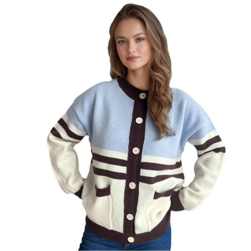 Damen Strickjacke Dekorative Streifen Große Knöpfe Norvielle