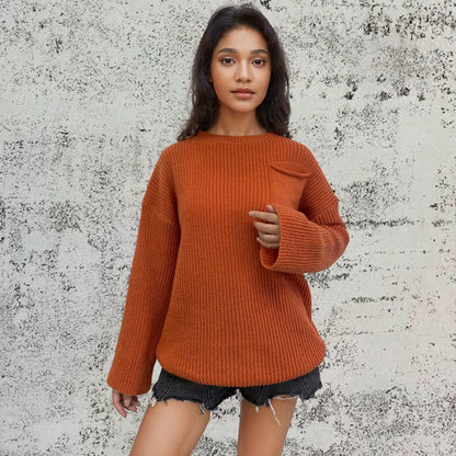 Damen Strickpullover Groß Brusttasche Norvielle