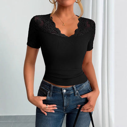 Damen Spitze Manschettenbluse Kurze Ärmel Spitze Ausschnitt Weiß