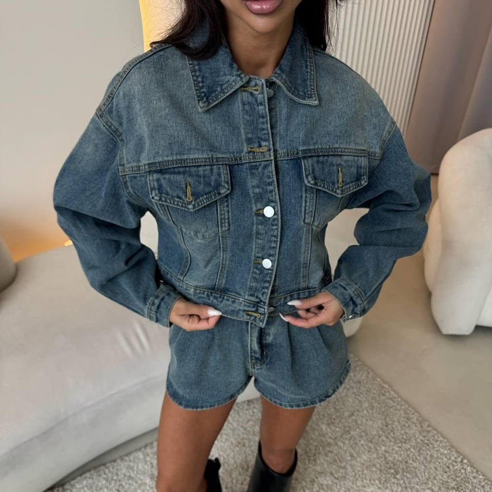 Damen Denimjacke Kurzärmelig Mit Shorts