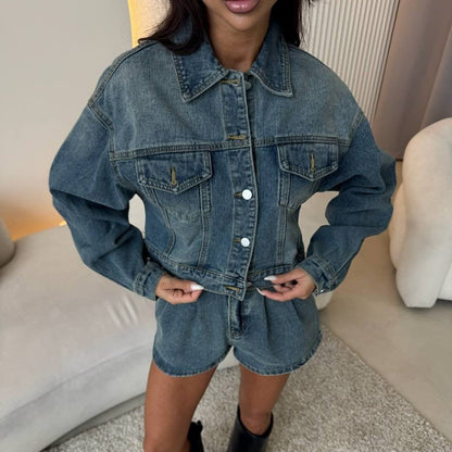 Damen Denimjacke Kurzärmelig Mit Shorts
