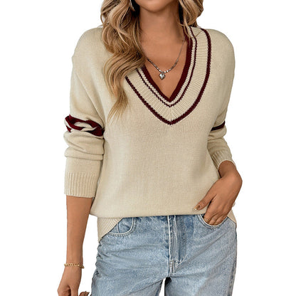 Damen Pullover V-Ausschnitt Kontraststreifen Norvielle