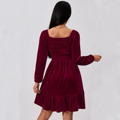 Damen Minikleid Samt Rüschendetails Elastischer Bund