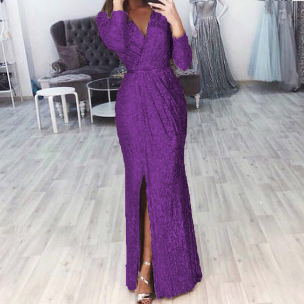 Damen Abendkleid Lang Wickelschnitt Schlitz Norvielle