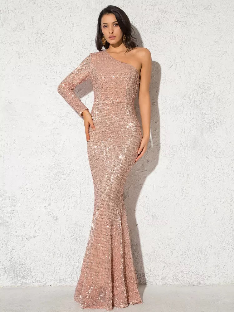 Damen Abendkleid Asymmetrischer Schnitt Glitzernd