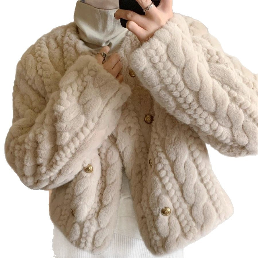 Damen Strickjacke Flauschig Goldknöpfe Beige