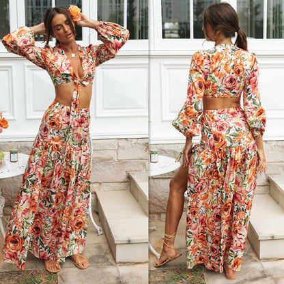 Damen Maxikleid Boho-Stil mit Volant und Puffärmeln Norvielle - Norvielle