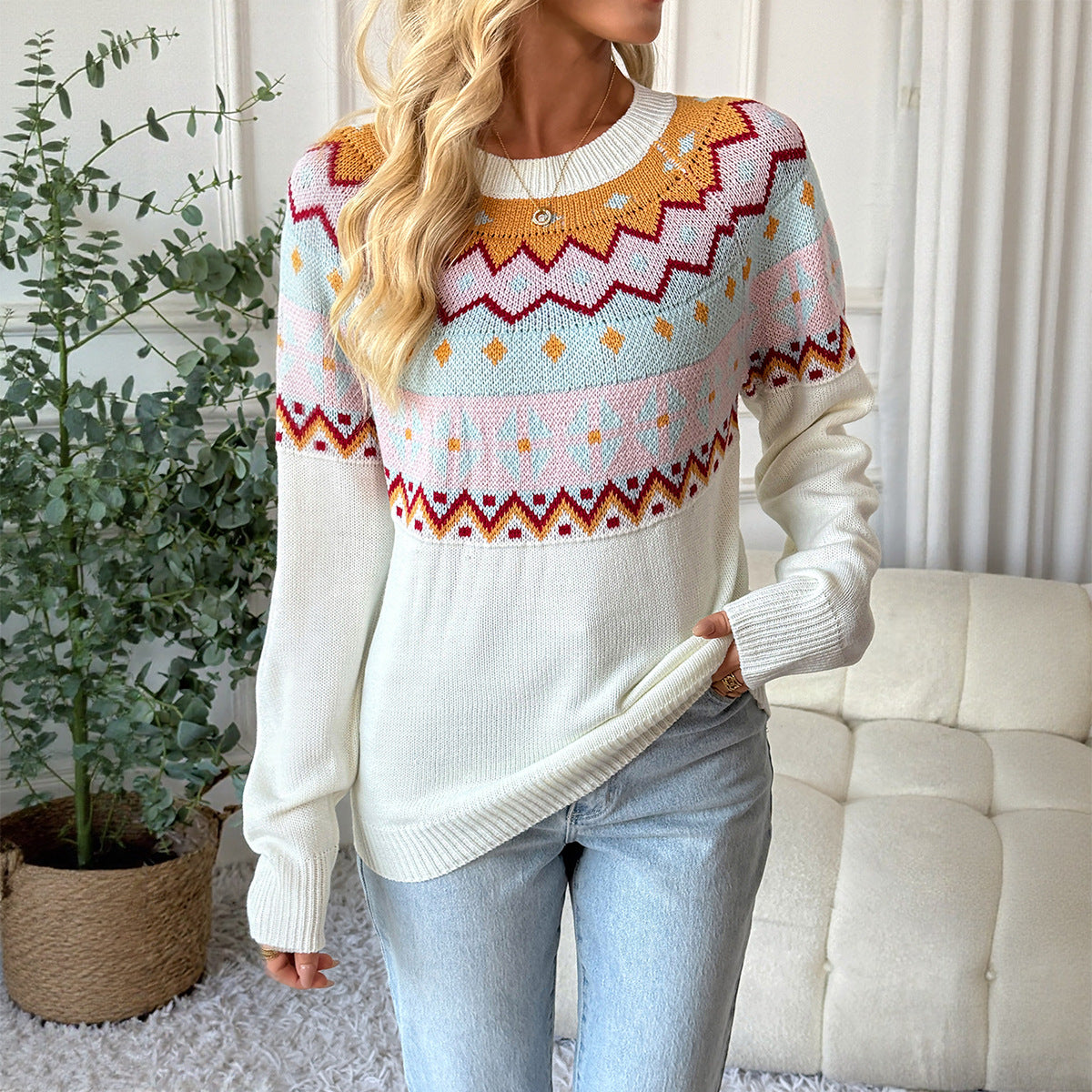 Damen Pullover Geometrisches Muster Rundhals Norvielle