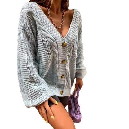 Norvielle Damen Cardigan Grobstrick Voluminöse Ärmel Große Knöpfe