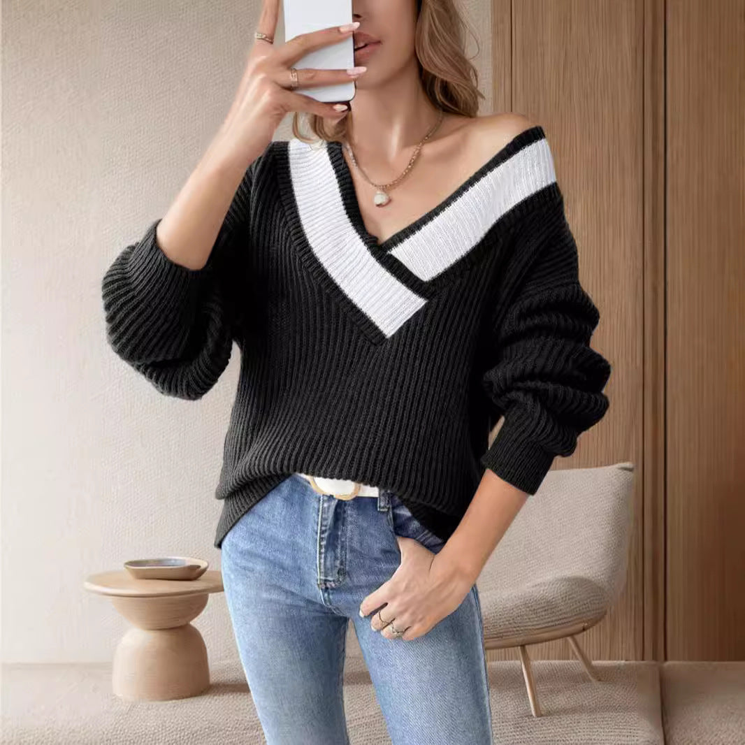 Damen Strickpullover V-Ausschnitt Rippenmuster Beige