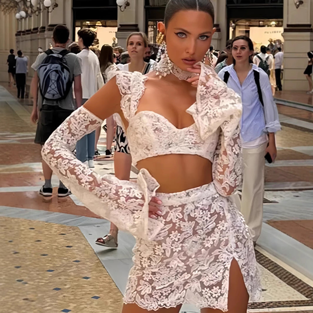 Damen Crop Set mit Rock transparente Details Norvielle
