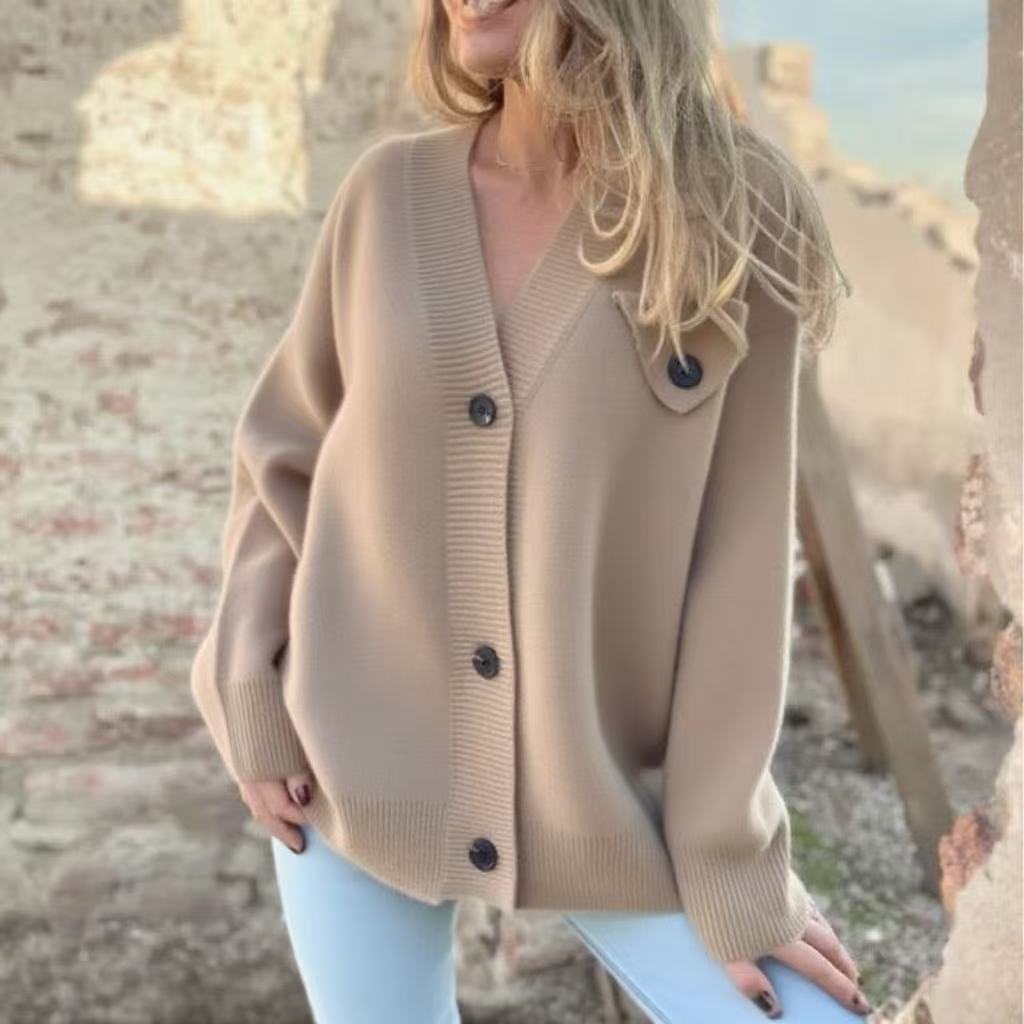 Damen Strick-Cardigan mit Knöpfen und breiten Ärmeln Beige - Norvielle