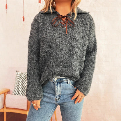 Damen Pullover Weiches Strickmaterial Mit Schnürung Beige