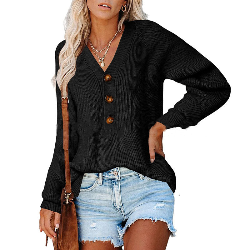 Damen Pullover V-Ausschnitt Holzknöpfe Norvielle