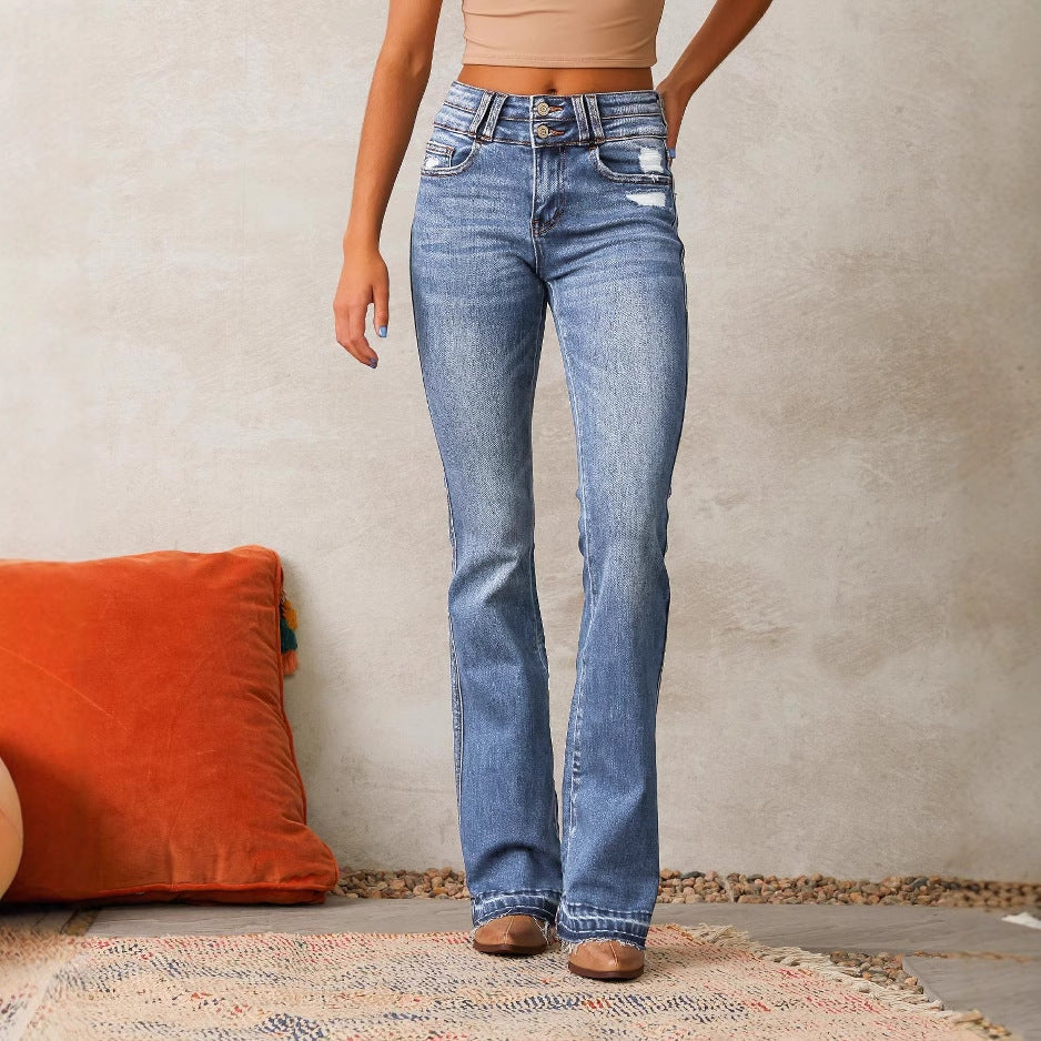 Damen High-Waist Bootcut Jeans Distressed Dunkelblau