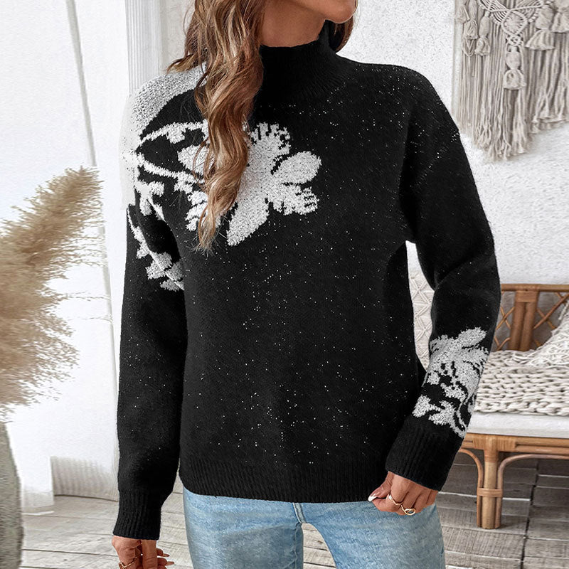 Damen Strickpullover Florales Design Hochkragen Norvielle