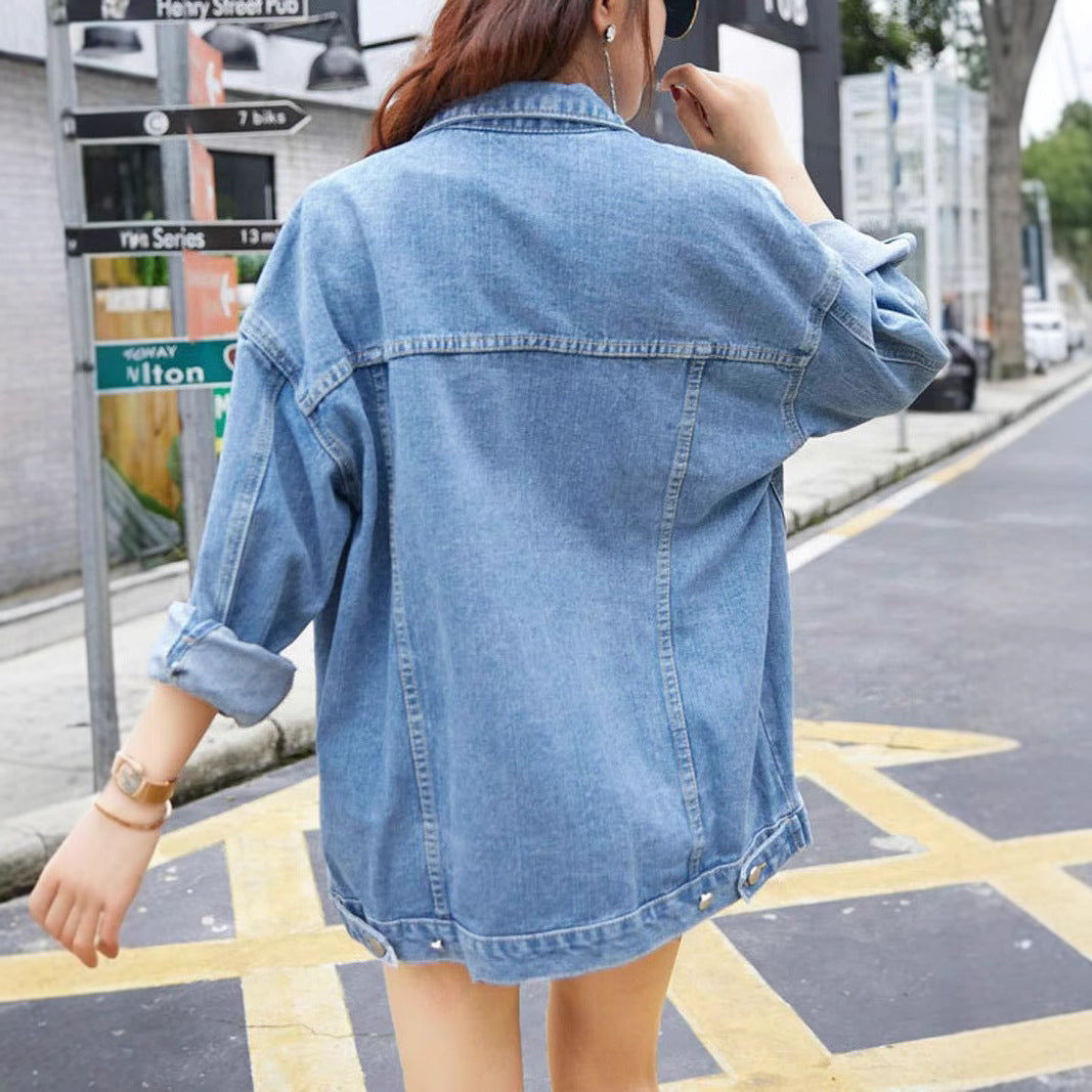 Damen Oversized Denimjacke Dekorative Druckknöpfe