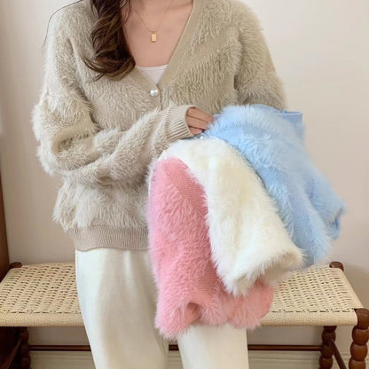 Damen Strickjacke Flauschig Perlknöpfe Norvielle