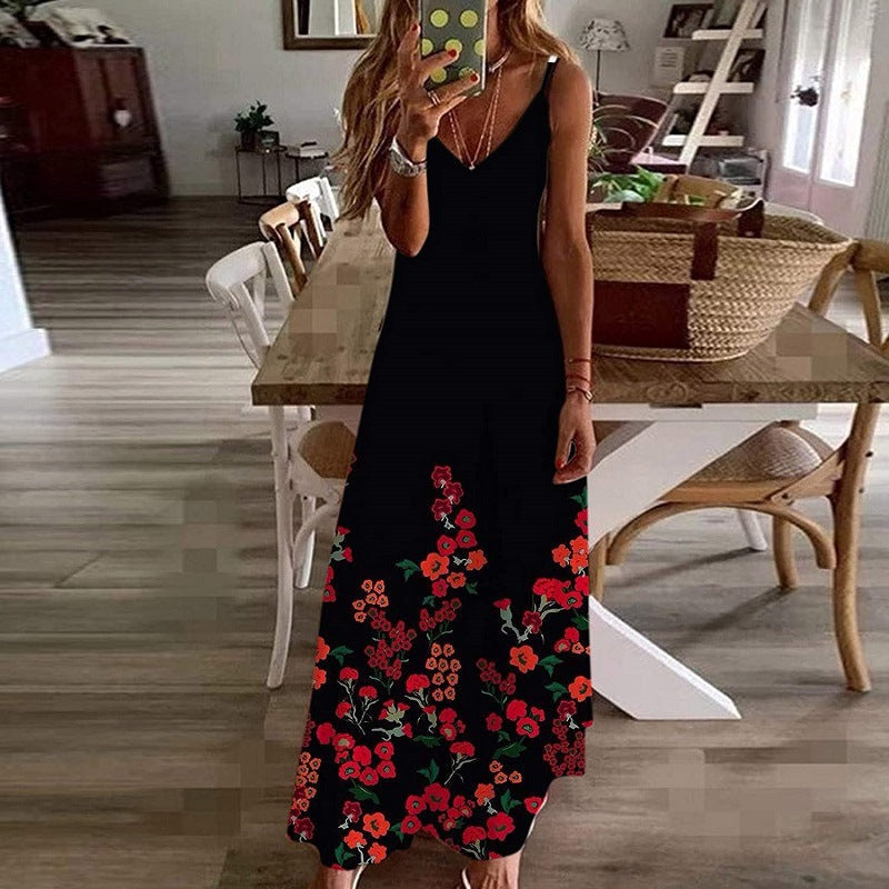 Damen Maxikleid Baumwolle Blumenprint V-Ausschnitt Luftig